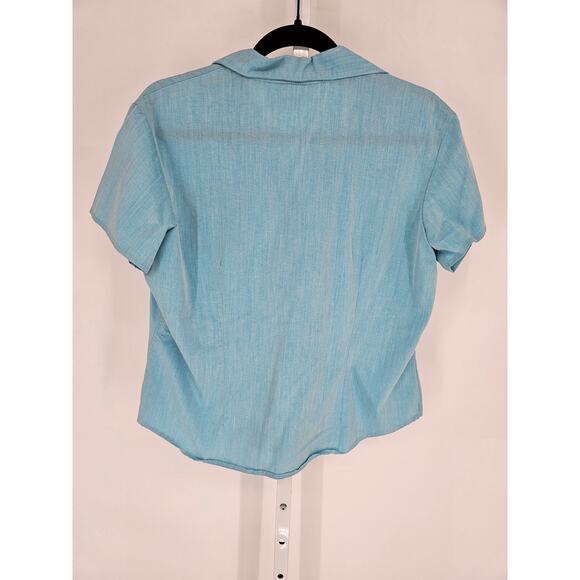 Quizz Womens Sz L Short Sleeve Button Up Blouse Light Blue Vintage - Picture 3 of 3